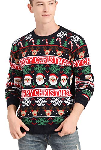 v28 Men's Christmas Reindeer Snowman Penguin Santa and Snowflake Sweater, Color Name: Christmas-Banner