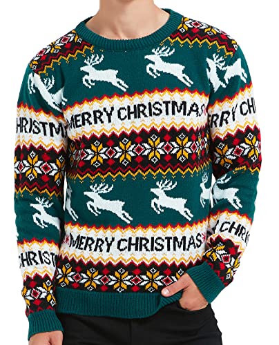 Men's Christmas Holiday Reindeer Snowman Santa Snowflakes Traditional Knitted Ugly Sweater, Color Name: RndFrIsle-Green-M20