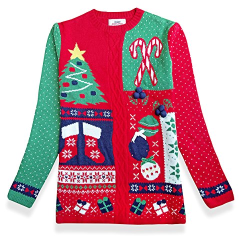 Women's Christmas Cute Reindeer Snowflakes Knitted Sweater Girl Pullover (Large, GreenRedSlves)