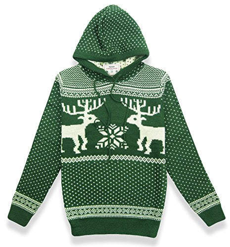 Women Round Crew Neck Reindeer Snowman Santa Snowflakes Christmas Sweater Cardigan Pullover (L, Green with Hood)