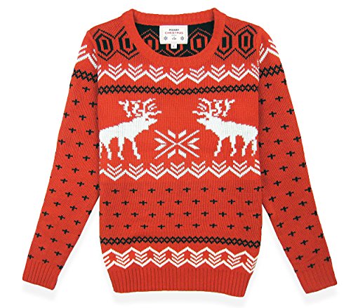 CHRISTMAS Sweater / Cardigan, with Various Lovely Patterns of Reindeer / Snowman / Snowflakes / Tree (L, Deer&Snowflake-Red)