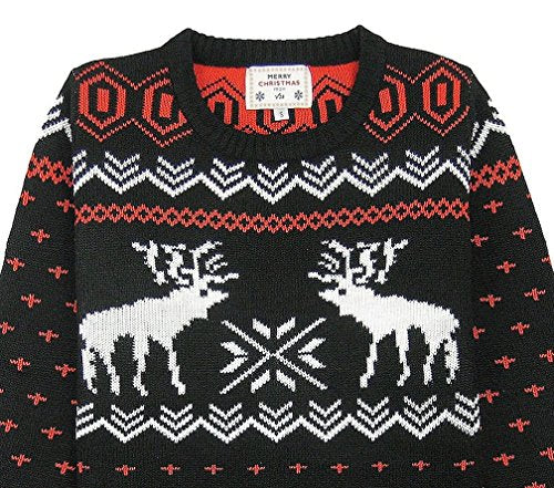 CHRISTMAS Sweater / Cardigan, with Various Lovely Patterns of Reindeer / Snowman / Snowflakes / Tree (L, Deer&Snowflake-Black)