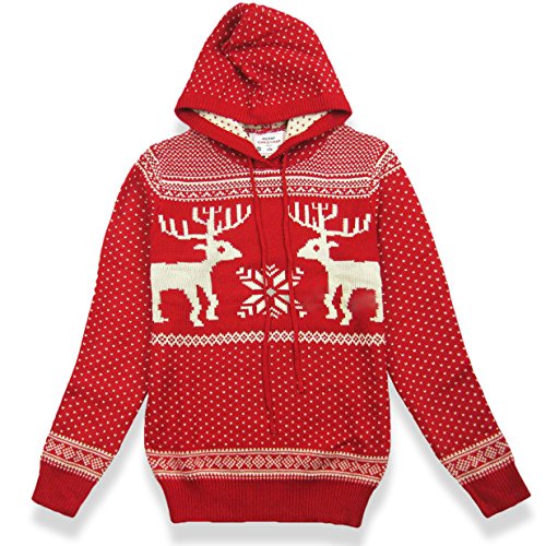 Women's Patterns of Reindeer Snowman Tree Snowflakes Christmas Sweater Cardigan (L, Long Sleeve, Red with Hood)