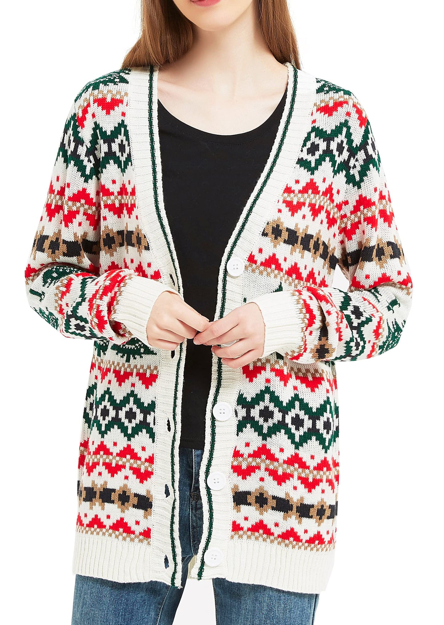 Women's Christmas Reindeer Traditional Knitted Holiday Ugly Sweater Girl Pullover Cardigan (Large, TreSnwflkCardi-F4)